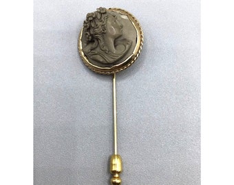Lava Cameo Stick Pin 14K Gold Vintage Antique Carved Lady Face Profile AS IS