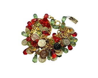 Multichain Coins And Faux Crystals Bracelet Loaded Charms Green Red Gold Made In Italy