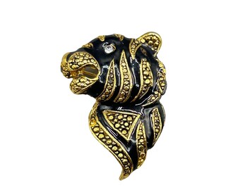 Vintage Gold & Black Enamel Tiger Pin Brooch with Rhinestone Eye Animal Head Pin