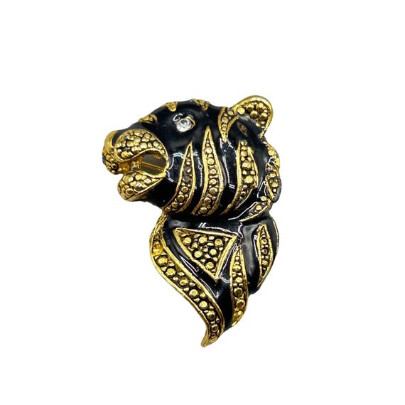 Vintage Gold & Black Enamel Tiger Pin Brooch With Rhinestone 