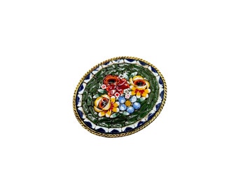 Vintage Italian Mosaic Pin Brooch Colorful Oval Green Base with Floral Design