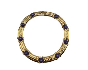 Semi-Rigid Choker Collar Necklace Gold Tone And Purple Cabochons Vintage 80s