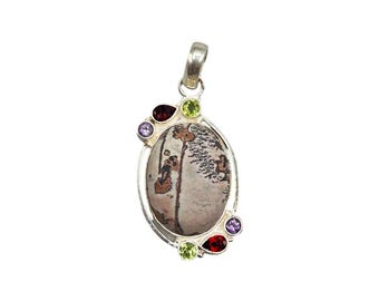 Sterling Silver 925 Multi Gemstone Pendant with Peridot Garnet & Amethyst