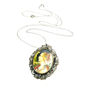 Vintage Silver 800 Portrait Brooch Pin Pendant Necklace Lady with Snake Ornate