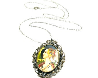 Vintage Silver 800 Portrait Brooch Pin Pendant Necklace Lady with Snake Ornate