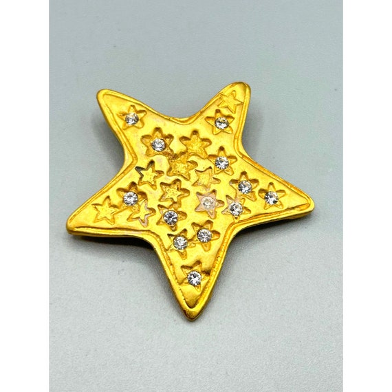 Vintage Matte Gold Tone Star Brooch Rhinestones A… - image 2