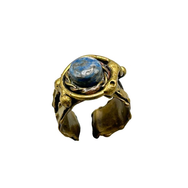 Vintage Adjustable Brutalist Ring Blue Sodalite Stone Mixed Metals Abstract Ring