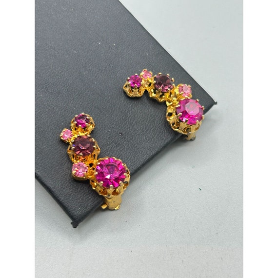 Vintage Signed Austria Clip On Earrings Pink Tone… - image 2