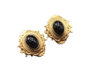 Victorian Egyptian Revival Earrings Clip On Black Scarab Cabochons Earrings