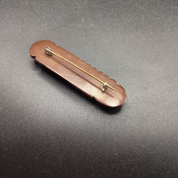 Carved Bakelite Bar Pin Deep Brown Elongated Vint… - image 4