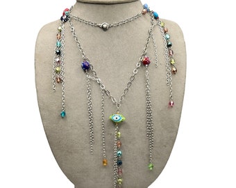 Novi Silver Tone Chain Necklace with Art Glass Beads Drops Long Chains Dangles