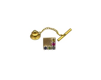 14K Gold Tie Tack or Lapel Pin with Genuine Gemstones Mens Jewelry Accessory