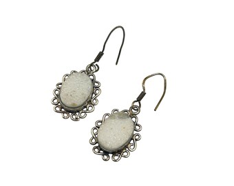 Vintage Druzy Earrings Sterling Silver Dangles Pierced Long Oval Shaped Ornate