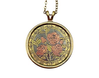 Amway Tritone Damascene Round Rose Pendant Necklace Vintage Jewelry