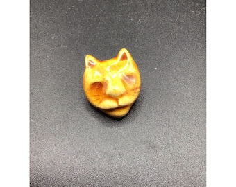 Cat Pin Tack Pin Lapel Pin Glazed Ceramic Animal Handmade Yellow Cat Head Brooch