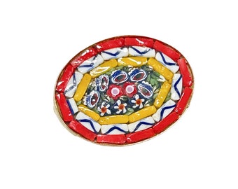 Vintage Mosaic Pin Brooch Colorful Oval Shaped Glass Tiles Yellow Red Colors
