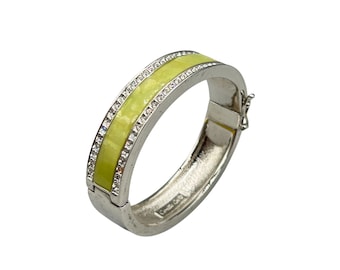 Signed Camille Lucie Hinged Bangle Bracelet Yellow Green Enamel and Rhinestones