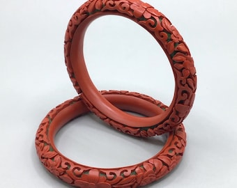 Vintage Cinnabar Bangle Bracelet Hand Carved Oriental Red Flowers Design 1 Piece