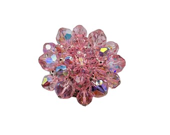 Vintage Pink Cluster Pin Aurora Borealis Beaded Round Brooch Sparkling Jewelry