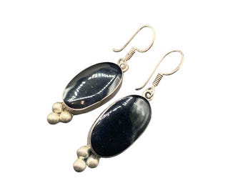 Black Enamel Earrings 925 Mex Dangles Earrings Vintage Pierced Ethnic