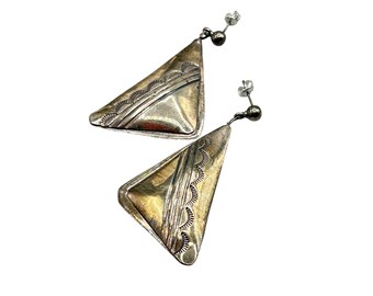 Vintage Native American Triangles Dangles Earrings Hand Tooled Navajo Sterling Silver Drops Pierced