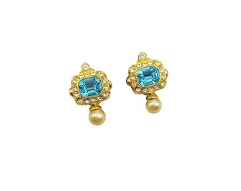 Joan Rivers Gold Tone Clip On Earrings with Blue Topaz Glass Faux Pearl Accents