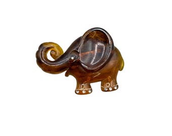Vintage Carved Plastic Elephant Brooch Apple Juice Color Lucite Animal Figural Pin