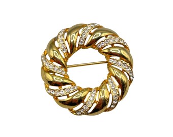 Gold Tone Wreath Pin Brooch With Clear Crystals Round Classic Elegant Pin