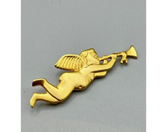 Winged Angel with Trumpet Pin Brooch Matte Gold Tone Vintage Cupid Cherub Pin