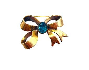 Vintage Bow Pin Brooch Gold Filled Ribbon Bow Blue Glass Rhinestone
