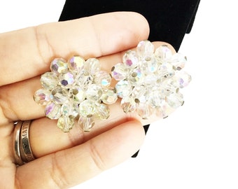 AB Beaded Crystal Clusters Earrings Silver Tone  Clip On Bridal Wedding Jewelry