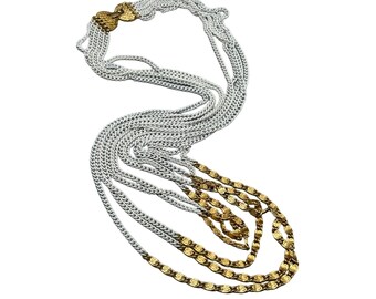 Vintage Signed Monet Multi Chain Necklace White Enamel & Gold Tone 80s Jewelry