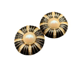 Statement Clip on Earrings Pearls Cabochons Enamel and Rhinestones Classic
