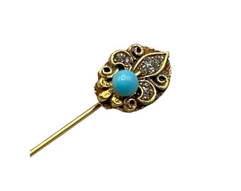 Vintage Stick Pin Fleur De Lis Rhinestones & Turquoise Ballotini Florenza Style