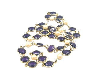 Vintage Purple Open Back Bezel Set Acrylic Necklace With Faux Pearls