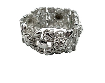 Vintage Signed Trifari Wide Silver Tone Bracelet Ornate Wide Panels Filigree