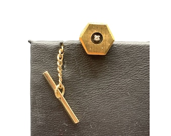 Anson Gold Clad and Diamond Tie Tack Pin Clasps Hexagon Textured