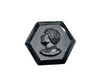 Vintage Black Glass Cameo Pin Brooch Hexagon Left Face Antique Mourning Jewelry