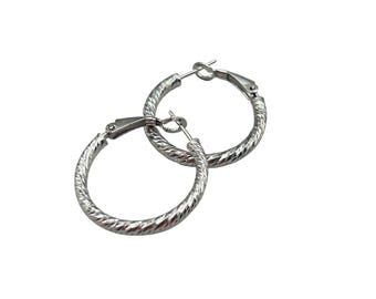 Textured Sterling Silver Hoops Earrings Pierced Silver JCM 925 1" Hoops