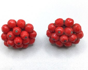 Signed Laguna Red Clusters Earrings Clip On Beaded Vintage Earrings Faceted Beads