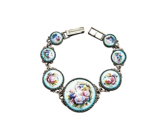 Traditional Russian Handmade Handpainted Bracelet Finfit Floral Link Panels URSS Jewelry