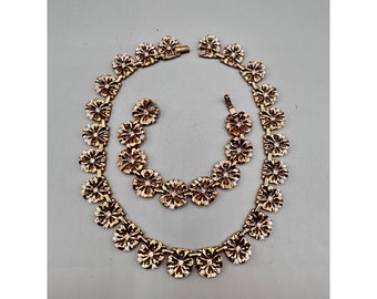 Trifari Necklace & Bracelet Gold Tone Flower Rhinestones Alfred Philippe Design