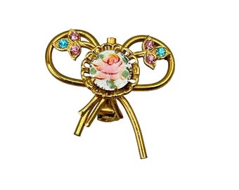 Vintage Coro Gold Tone Floral Bow Brooch Pin Rhinestones & Hand Painted Rose Guilloche
