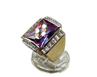 Large Statement Purple Ring Size 8 Sterling Silver Gold Wash 925 Heavy Quality