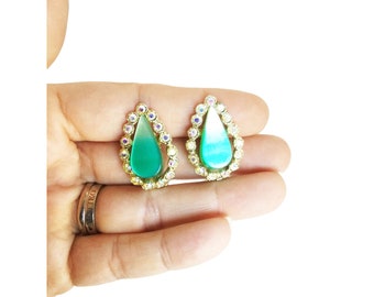 Green Drops Earrings AB Rhinestones & Gold Tone Earrings MCM Clips Earrings