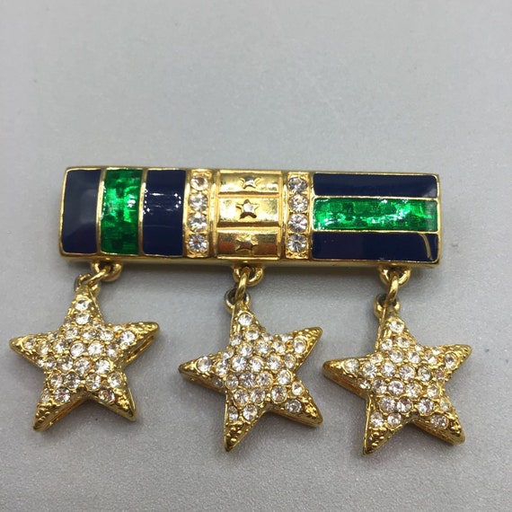 Green and Blue Enamel Bar Pin Dangling Stars Sign… - image 1