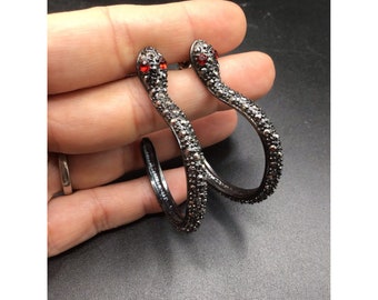 Snakes Earrings Pierced Hoops Shaped Red Eyes Gun Metal Color with Rhinestones