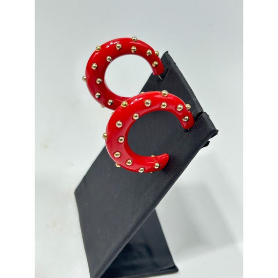 Signed KJL Red Hoops Earrings Studded Gold Dots P… - image 4