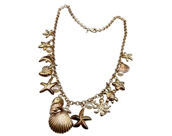MAURITIUS Necklace Sterling Silver Sealife Loaded Charm Necklace Seashells Gold Over Sterling