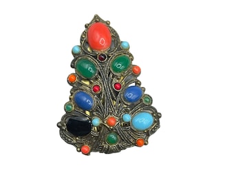Vintage Dress Clip with Colorful Cabochons Earlier Vintage Costume Jewelry